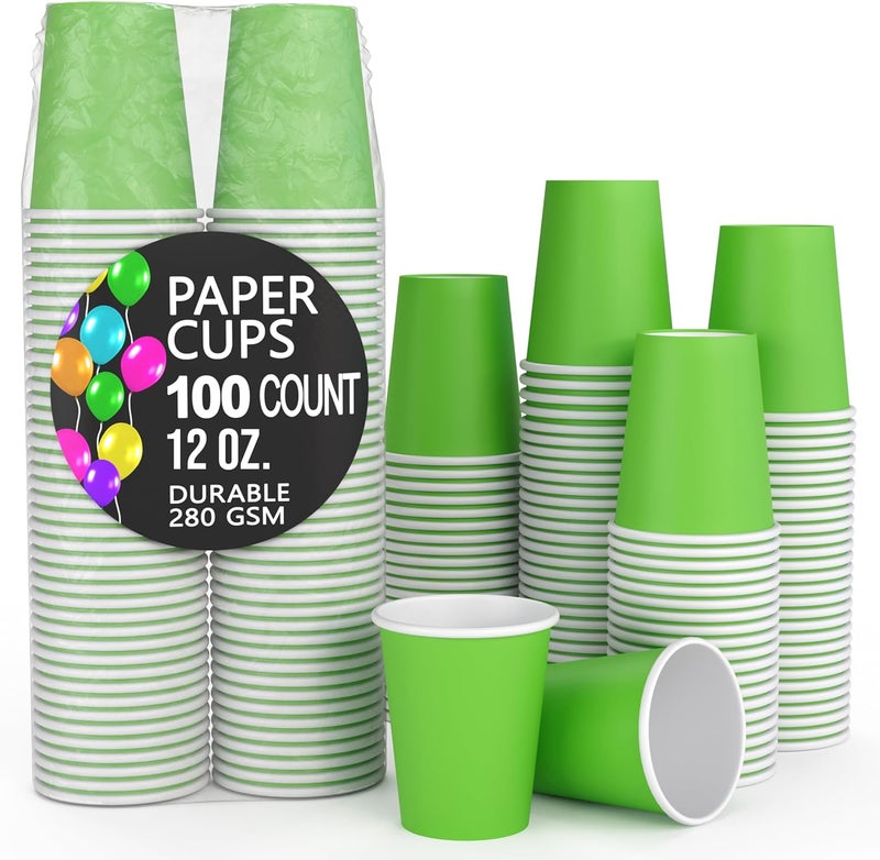 Party Solids أكواب ورقية صلبة للحفلات باللون الأخضر الليموني 12 أونصة، أكواب متينة قابلة للاستخدام لمرة واحدة، 100 كوب ورقي للمشروبات الساخنة والباردة، كوب سميك 280 جرام ��لمشروبات الساخنة للشاي والقهئة، ألوان ممتعة للحفلات والفعاليات - Image 1