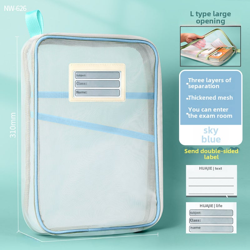 L-Shaped Mesh Document Bag Thickened Organizer Sky Blue 