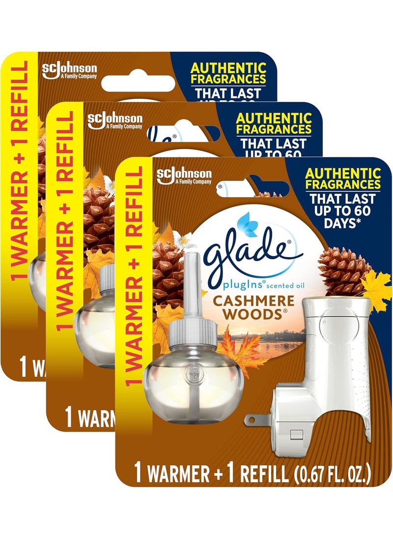 Glade Glade PlugIns Refills Air Freshener Starter Kit Scented Oil for Home and Bathroom Cashmere Woods 067 Fl Oz 1 Warmer  1 Refill Pack of 3  - Image 1