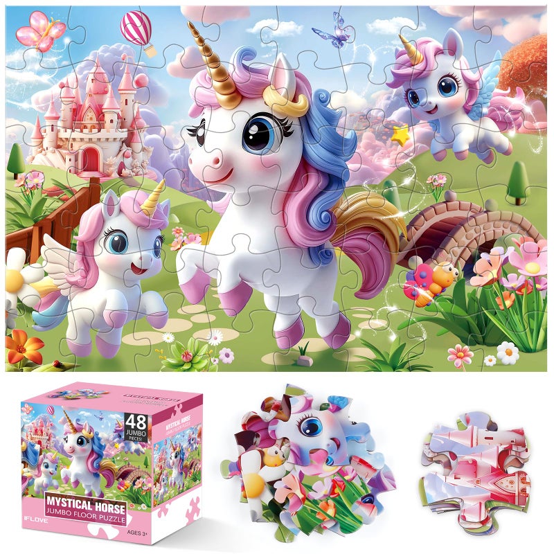 IFLOVE Jumbo Floor Puzzle for Kids,48 Piece Unicorn Large Jigsaw Puzzles,Puzzle for Toddler Ages 3-5,Fun Educational Preschool Learning Toy Easter Gift for Boys & Girls Ages 4-8 - Image 1
