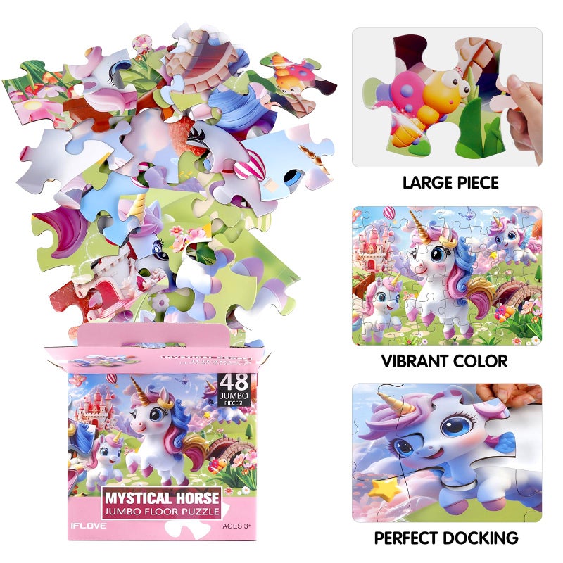 IFLOVE Jumbo Floor Puzzle for Kids,48 Piece Unicorn Large Jigsaw Puzzles,Puzzle for Toddler Ages 3-5,Fun Educational Preschool Learning Toy Easter Gift for Boys & Girls Ages 4-8 - Image 3