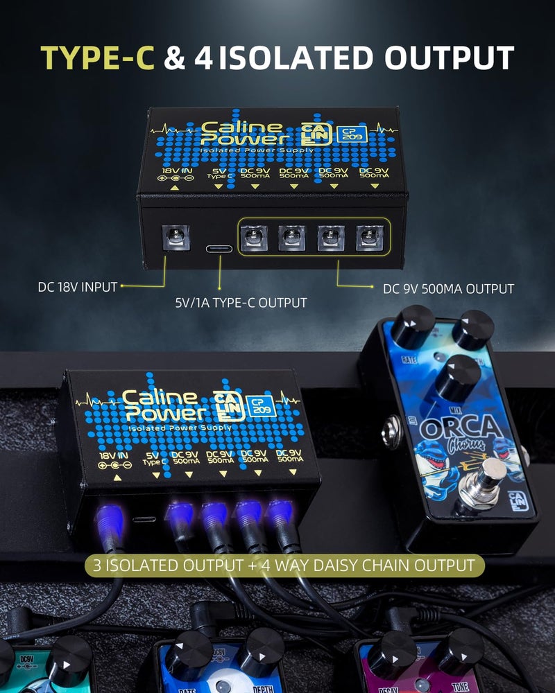Caline Guitar Pedal Power Supply,9V 500ma Pedal Board Power Supply, Mini True Isolated Pedal Power Supply With Type-C Outlet and 4 Way Daisy Chain - Image 3