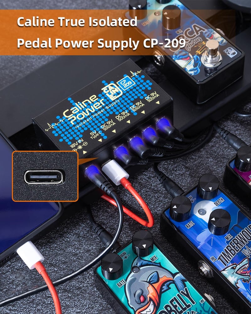 Caline Guitar Pedal Power Supply,9V 500ma Pedal Board Power Supply, Mini True Isolated Pedal Power Supply With Type-C Outlet and 4 Way Daisy Chain - Image 2