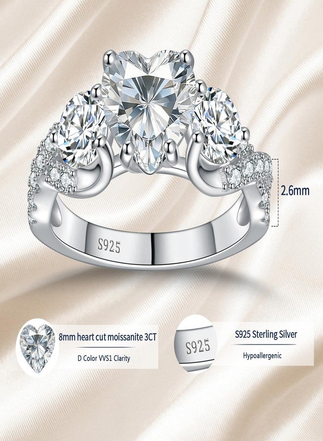 AVECON 3CT 3 Stone Moissanite Promise Rings for Her, D Color VVS1 Heart Cut S925 Sterling Silver Engagement Wedding Anniversary Promise Gift with Certificate for Women, Size 5-10 - Image 5