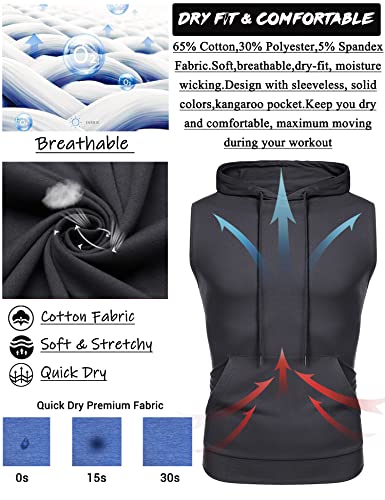 Amussiar Men's Workout Hooded Tank Tops Gym Muscle Shirt with Kanga Pocket Cut Off Bodybuilding Sleevless Hoodies Deep Grey - Image 4