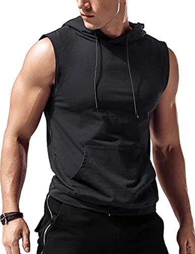 Amussiar Men's Workout Hooded Tank Tops Gym Muscle Shirt with Kanga Pocket Cut Off Bodybuilding Sleevless Hoodies Deep Grey - Image 1