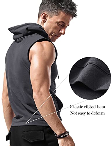 Amussiar Men's Workout Hooded Tank Tops Gym Muscle Shirt with Kanga Pocket Cut Off Bodybuilding Sleevless Hoodies Deep Grey - Image 3