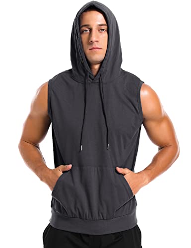 Amussiar Men's Workout Hooded Tank Tops Gym Muscle Shirt with Kanga Pocket Cut Off Bodybuilding Sleevless Hoodies Deep Grey - Image 2