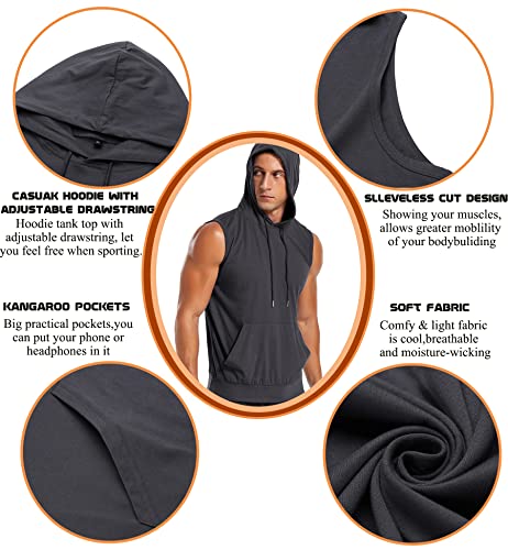 Amussiar Men's Workout Hooded Tank Tops Gym Muscle Shirt with Kanga Pocket Cut Off Bodybuilding Sleevless Hoodies Deep Grey - Image 5