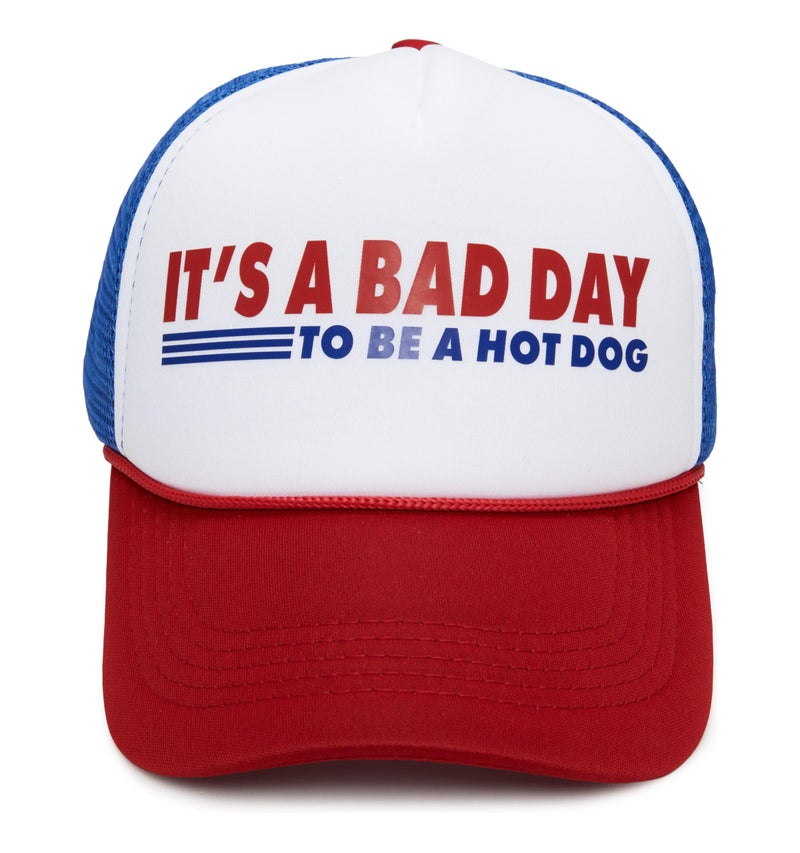 Funky Junque Foam Trucker Hat â€“ Funny Mesh Back Baseball Cap for Men & Women, Cowboy Chic Party Hat, Trendy Womens Trucker Hats - Itâ€™s a Bad Day to Be a Hotdog - Red/White/Blue - Image 1