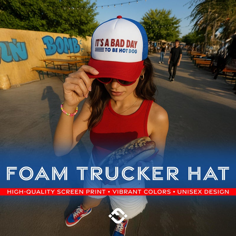 Funky Junque Foam Trucker Hat â€“ Funny Mesh Back Baseball Cap for Men & Women, Cowboy Chic Party Hat, Trendy Womens Trucker Hats - Itâ€™s a Bad Day to Be a Hotdog - Red/White/Blue - Image 2