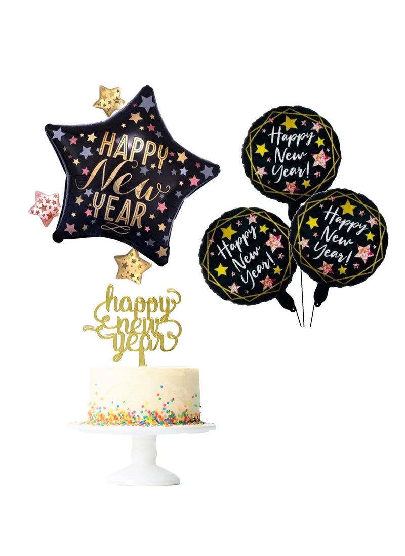 Boxwoods 4 Pcs Of Happy New Year Foil Balloons With Acrylic Cake topper  - Image 1