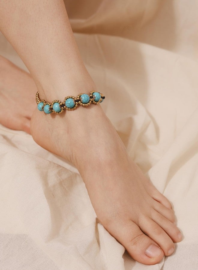 MINACHI Bohemian Flower Created Turquoise Bead and Brass Ankle Bracelet with Jingle Bell, Summer Jewelry for Women - Image 2