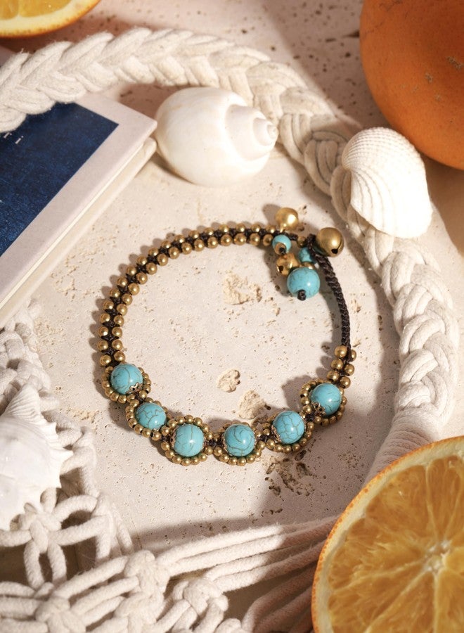 MINACHI Bohemian Flower Created Turquoise Bead and Brass Ankle Bracelet with Jingle Bell, Summer Jewelry for Women - Image 5