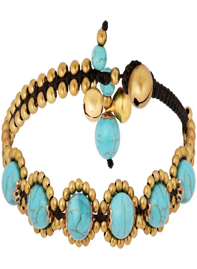 MINACHI Bohemian Flower Created Turquoise Bead and Brass Ankle Bracelet with Jingle Bell, Summer Jewelry for Women - Image 1