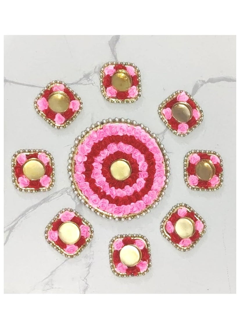 vaSun - Always Together Artificial Flower Rose Rangoli, Pearls Diya Tealight Rangoli Floating/Non Floating Festive Decor (Set of 9 Holder and 9 Candles Diyas