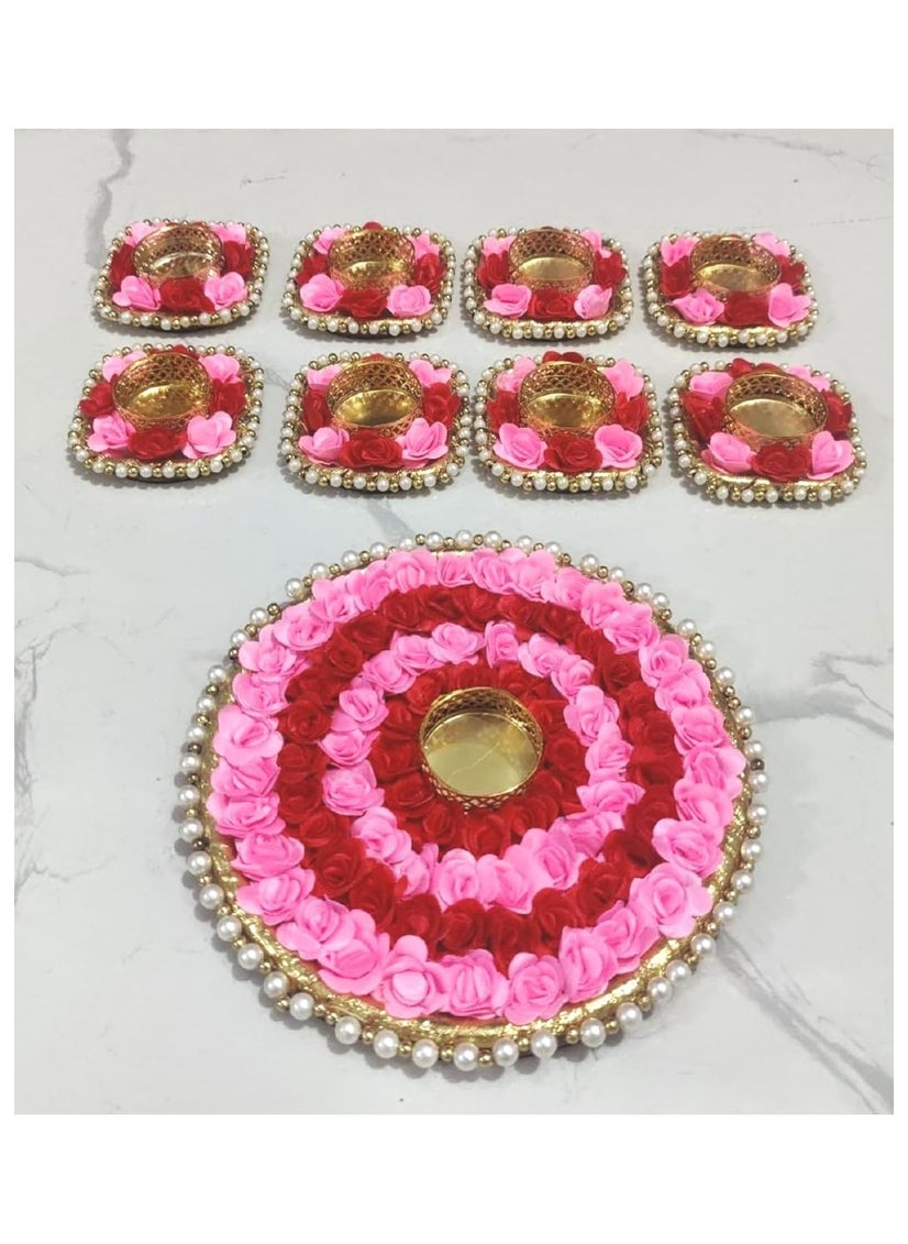 vaSun - Always Together Artificial Flower Rose Rangoli, Pearls Diya Tealight Rangoli Floating/Non Floating Festive Decor (Set of 9 Holder and 9 Candles Diyas