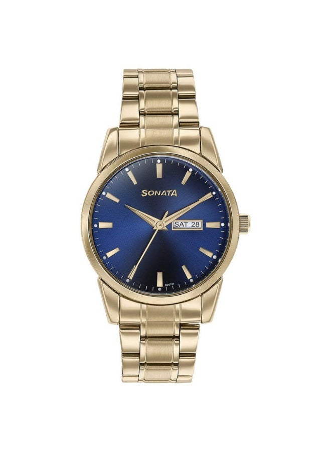 Sonata 77147YM01 Men’s Watch – Blue Multifunction Dial, Golden Stainless Steel Strap, Quartz Movement, 30 m Water Resistance - Image 1