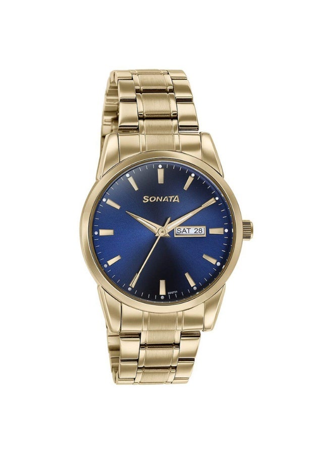 Sonata 77147YM01 Men’s Watch – Blue Multifunction Dial, Golden Stainless Steel Strap, Quartz Movement, 30 m Water Resistance - Image 2