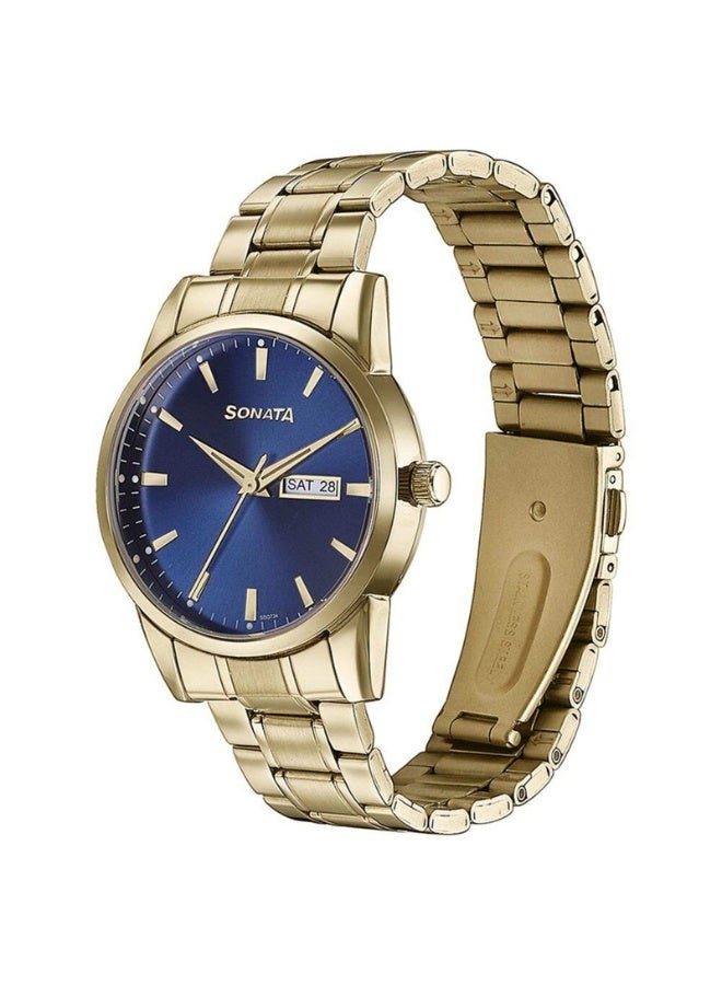Sonata 77147YM01 Men’s Watch – Blue Multifunction Dial, Golden Stainless Steel Strap, Quartz Movement, 30 m Water Resistance - Image 3