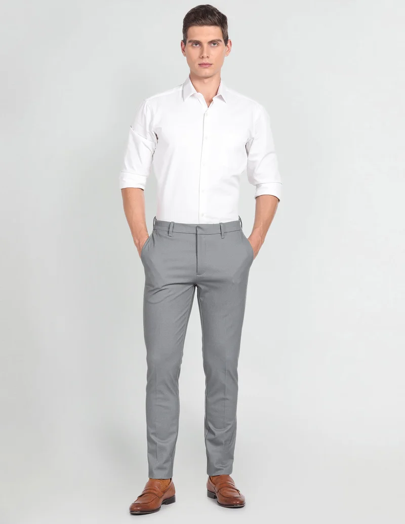 Arrow Grey Mid Rise Dobby Trousers for Men | Best Price UAE