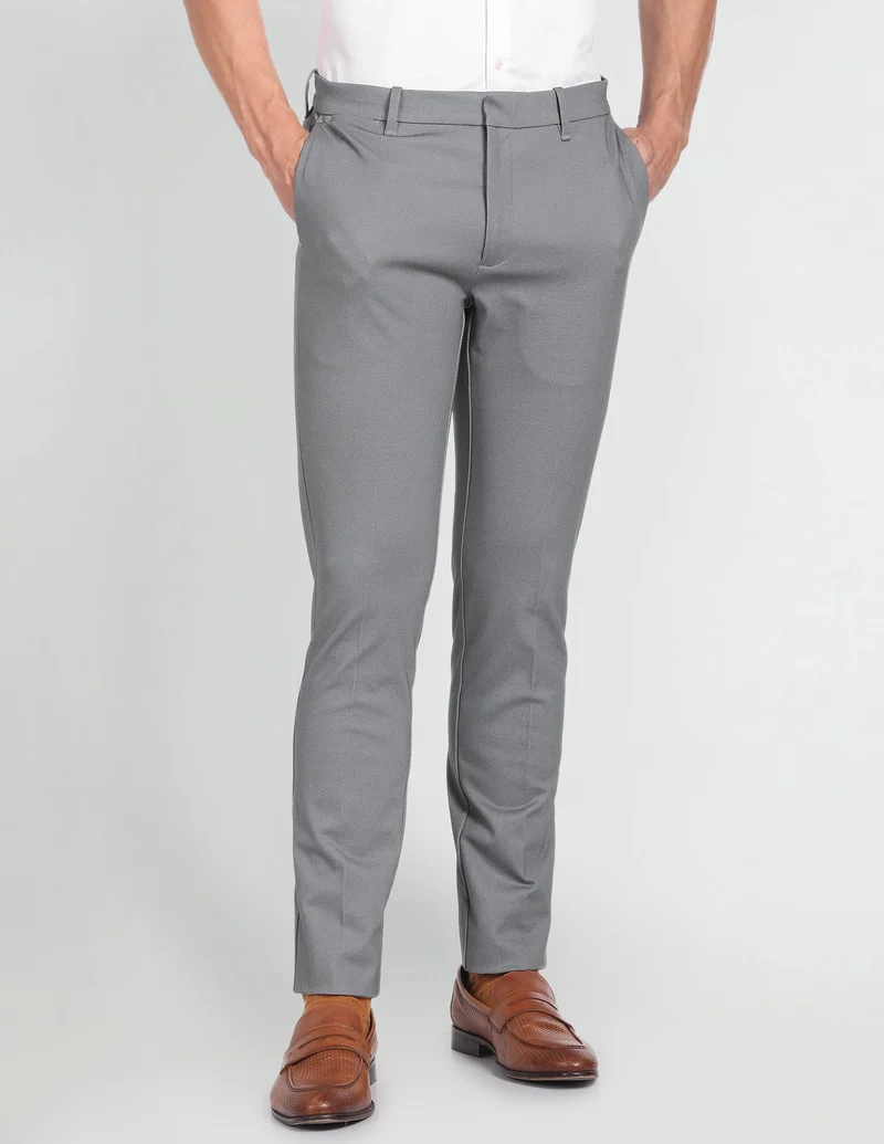 Arrow Grey Mid Rise Dobby Trousers for Men | Best Price UAE