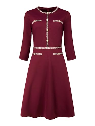 Hobemty Women's Church A-Line Work 3/4 Sleeve Tweed Midi Dresses Medium Dark Red - Image 1