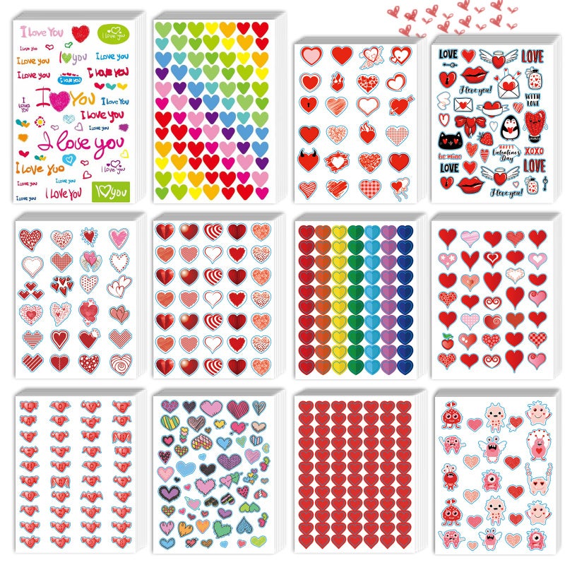 kortes 72Sheets Valentines Heart Stickers with 12 Different Designs of 3642 pcs Valentines Day Stickers Party Supply Classroom Reward for Kids Pack 03