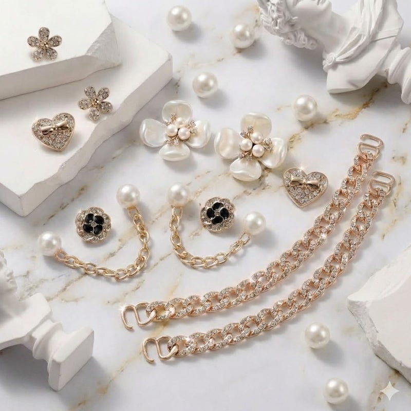 WYVAS 18 Pcs Bling Shoe Charms for Women, Flower Pearl Clog Shoes Accessories, Fashion Crystal Rhinestone Shoes Charms Pearl Chain DIY Sandals Decoration for Women Birthday Party Favors Accessories - Image 2