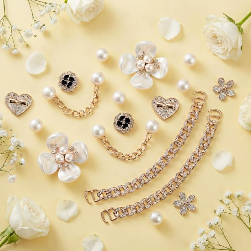 WYVAS 18 Pcs Bling Shoe Charms for Women, Flower Pearl Clog Shoes Accessories, Fashion Crystal Rhinestone Shoes Charms Pearl Chain DIY Sandals Decoration for Women Birthday Party Favors Accessories - Image 4