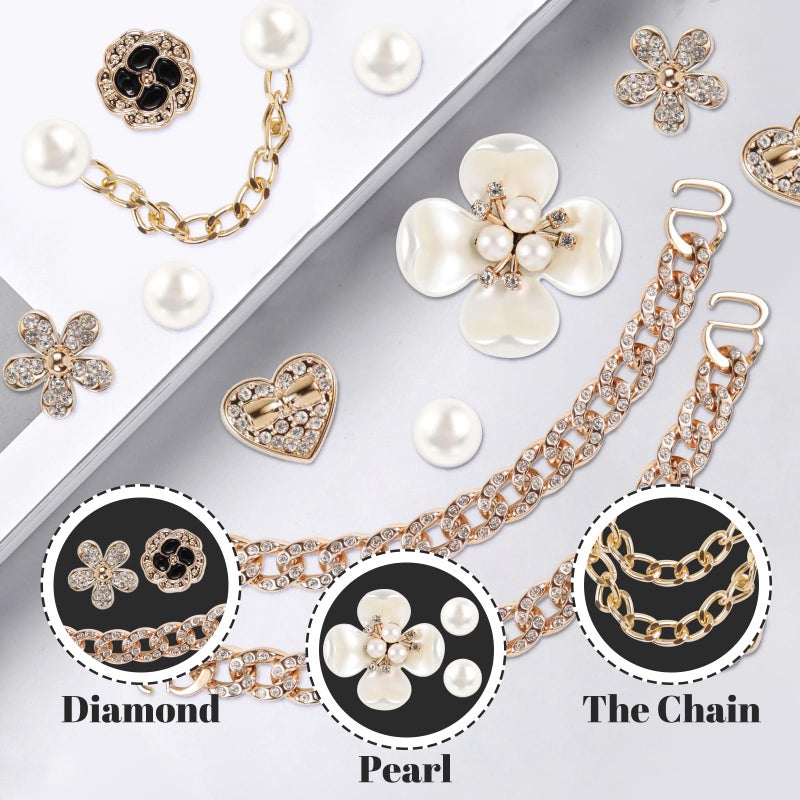 WYVAS 18 Pcs Bling Shoe Charms for Women, Flower Pearl Clog Shoes Accessories, Fashion Crystal Rhinestone Shoes Charms Pearl Chain DIY Sandals Decoration for Women Birthday Party Favors Accessories - Image 3