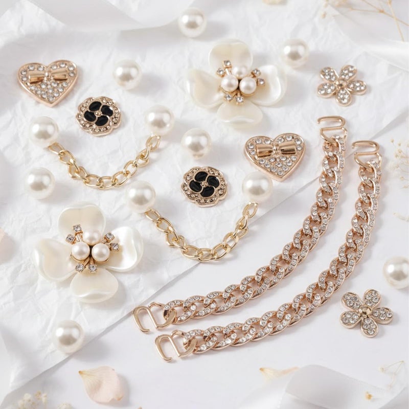 WYVAS 18 Pcs Bling Shoe Charms for Women, Flower Pearl Clog Shoes Accessories, Fashion Crystal Rhinestone Shoes Charms Pearl Chain DIY Sandals Decoration for Women Birthday Party Favors Accessories - Image 5