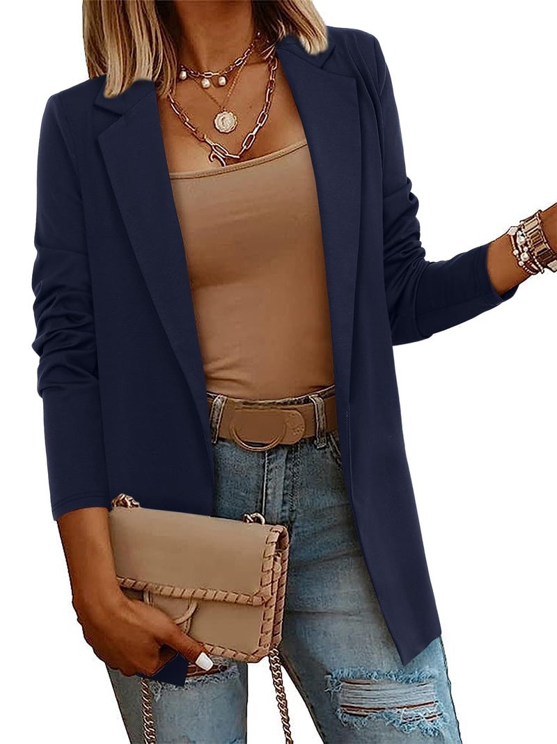 CRAZY GRID Women Business Causal Blazer Work Professional Long Sleeve Dressy Office Blazer Lightweight Solid Color Suit Jackt L Deep Blue - Image 2
