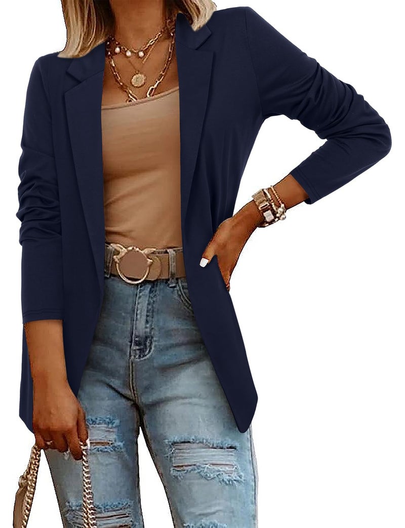 CRAZY GRID Women Business Causal Blazer Work Professional Long Sleeve Dressy Office Blazer Lightweight Solid Color Suit Jackt L Deep Blue - Image 3