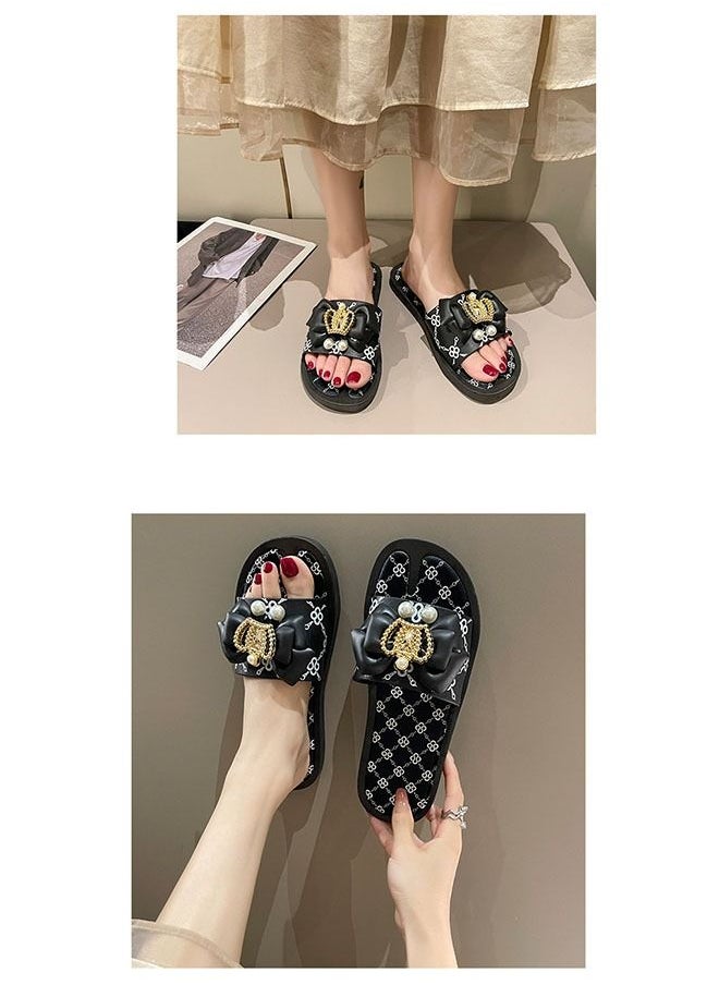 ZCM-HAPPY - Ladies Fashion Summer Bow Slippers Outdoor or Indoor Flat Beach Sandals - Image 1