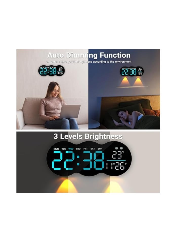 ساعة حائط رقمية 11.9 انش من ويكوبا مع جهاز تحكم عن بعد، ساعة حائط رقمية مع التاريخ والاسبوع ومنبه ودرجة الحرارة وسطوع تلقائي وقائمة وتعليق، ساعة رقمية LED لغرفة المعيشة وغرفة النوم - Image 2