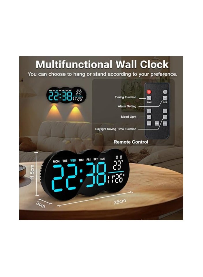ساعة حائط رقمية 11.9 انش من ويكوبا مع جهاز تحكم عن بعد، ساعة حائط رقمية مع التاريخ والاسبوع ومنبه ودرجة الحرارة وسطوع تلقائي وقائمة وتعليق، ساعة رقمية LED لغرفة المعيشة وغرفة النوم - Image 4