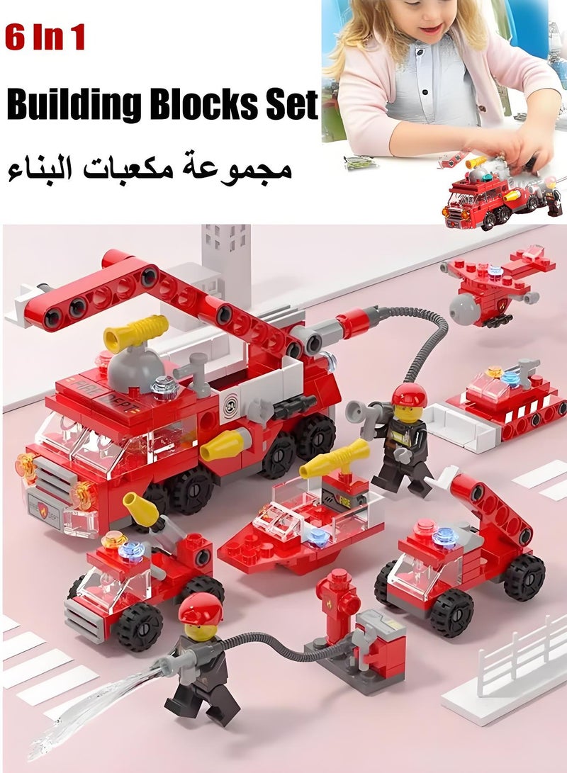 142PCS Fire Truck Building Blocks Set, 6 in 1 Fire Rescue Vehicles Building Blocks with Different Car Models, DIY Assembly Toy, Firetruck Bricks, Take Apart Toys, Educational Building Blocks Toys, Role-Playing Toys, City Fire Mobile Command Center Truck Building Block, Mini Building Block Set, Hands-On Assembly Car Toys, Creative Construction Toy, Ideal Gift for Kids  - Image 1