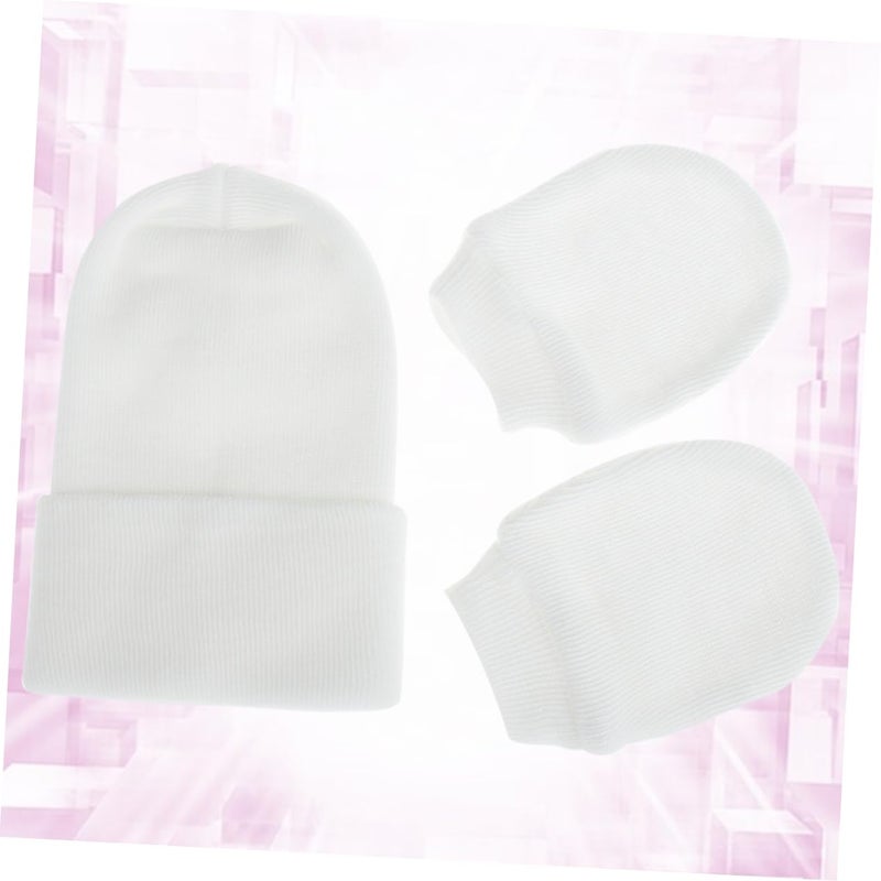 Newborn Cotton Beanie Hat And Mittens Set Soft Winter White Dual Layer - Image 3