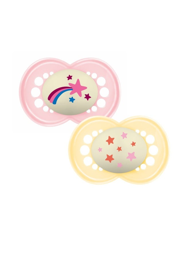 Mam Baby Original Night Silicone Pacifier - 6 M+ | Glow In The Dark Pink & Yellow - Pack of 2 - Image 1