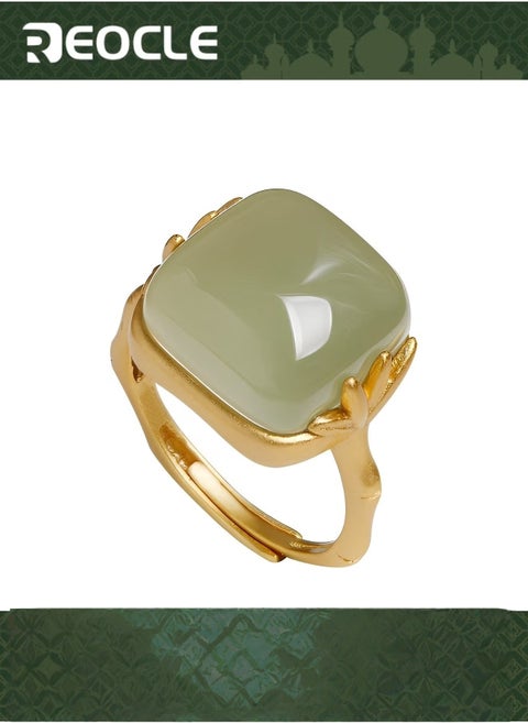 Women's Jade Ring with Vintage Rectangle Gemstone & Adjustable Ring & Simple Elegant Retro Style Jewelry Gift for Valentine