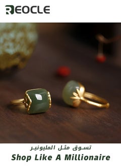 REOCLE Women's Jade Ring with Vintage Rectangle Gemstone & Adjustable Ring & Simple Elegant Retro Style Jewelry Gift for Valentine  - Image 3