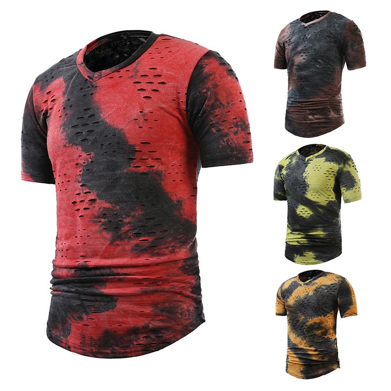 size summer new casual open smile personality ripped Halo dyed color matching plus size V-neck short sleeve T-shirt T04P35 - Image 1
