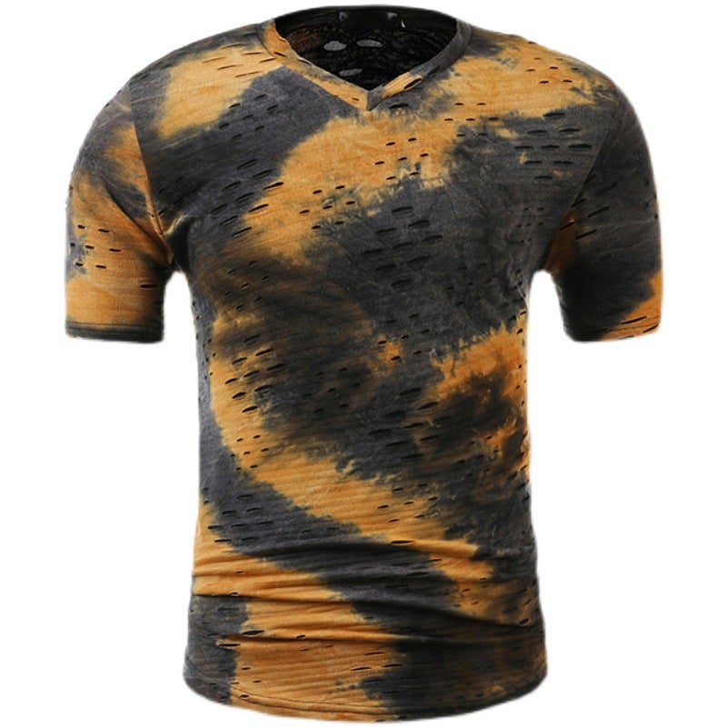 size summer new casual open smile personality ripped Halo dyed color matching plus size V-neck short sleeve T-shirt T04P35 - Image 5