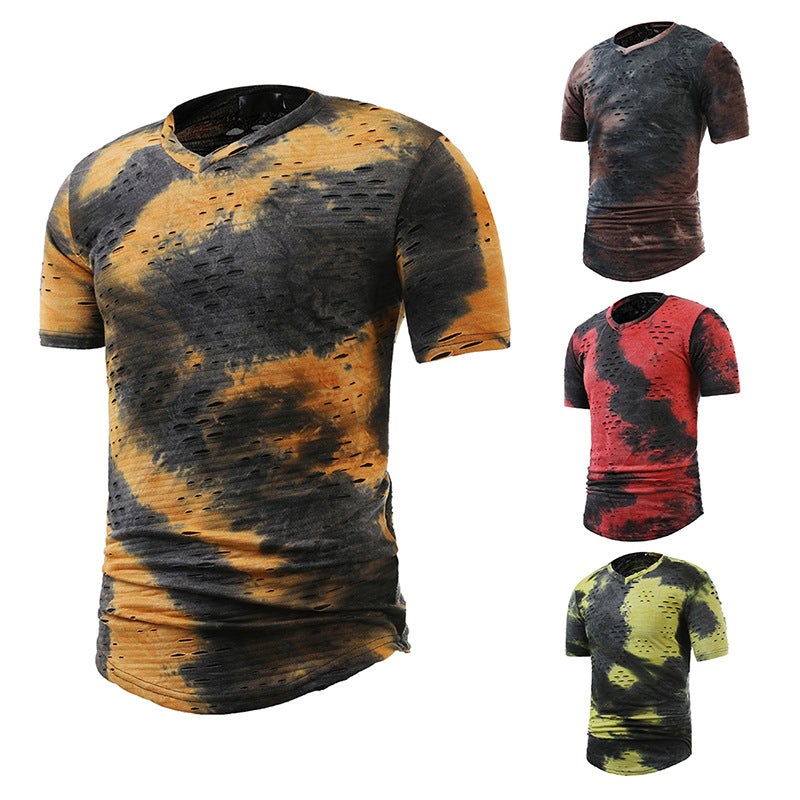 size summer new casual open smile personality ripped Halo dyed color matching plus size V-neck short sleeve T-shirt T04P35 - Image 4