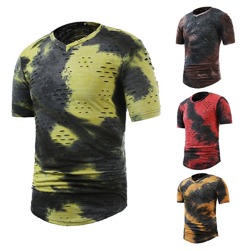 size summer new casual open smile personality ripped Halo dyed color matching plus size V-neck short sleeve T-shirt T04P35 - Image 3