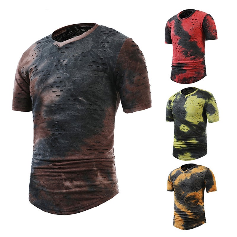 size summer new casual open smile personality ripped Halo dyed color matching plus size V-neck short sleeve T-shirt T04P35 - Image 2