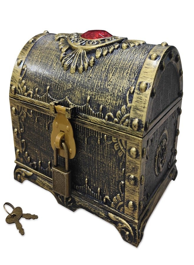 Flyekist Kids Pirate Treasure Chest Storage Box,Red Rhinestone Inlaid Top Decorative Pirate Chest with Lock and Key for Kids Birthday,Halloween, Christmas Pirate Party Favors - Image 1