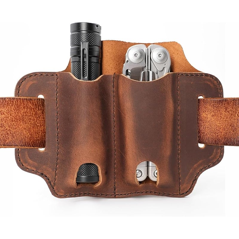 diodrio XXL EDC Leather Sheath for Leatherman Multitools, Belt Sheath Pocket Organizer for 5 inch Knives Tactical Flashlights Tools, Chestnut - Image 1