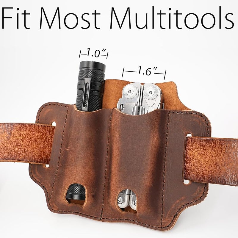diodrio XXL EDC Leather Sheath for Leatherman Multitools, Belt Sheath Pocket Organizer for 5 inch Knives Tactical Flashlights Tools, Chestnut - Image 3